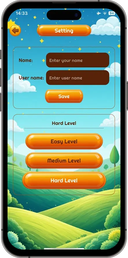 Dottify settings screen showing name, username and difficulty level options
